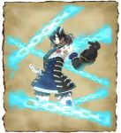 1girl black_hair bloodstained:_ritual_of_the_night blue_eyes brown_hair concept_art detached_sleeves gauntlets gradient_hair hair_between_eyes hair_ornament miriam_(bloodstained) multicolored_hair natsume_yuji official_art short_hair solo stained_glass 