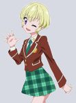  1girl aikatsu! blonde_hair hattori_yuu one_eye_closed school_uniform short_hair tonbi violet_eyes 