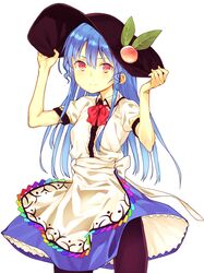  1girl black_legwear blouse blue_hair blush bow food frills fruit hat hinanawi_tenshi long_hair looking_at_viewer pantyhose peach red_eyes short_sleeves simple_background smile solo subachi touhou white_background 