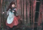  1girl animal_ears bamboo bamboo_forest brooch brown_eyes brown_hair forest ichiba_youichi imaizumi_kagerou jewelry long_sleeves nature open_mouth shirt skirt solo touhou werewolf wide_sleeves wolf_ears 