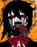  1girl athisu black_hair blood blood_from_mouth bloody_tears crazy_eyes creepy face highres houjuu_nue neck_ribbon open_mouth rabbit raised_eyebrows red_eyes red_pupils ribbon short_hair smoke solo solo_focus stuffed_animal stuffed_toy teeth torn touhou 