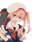  1girl 2015 4suke :d black_gloves dated flower gloves hair_flower hair_ornament hair_ribbon hairclip hands_on_hips harusame_(kantai_collection) hat kantai_collection long_hair machinery open_mouth pink_eyes pink_hair ribbon school_uniform serafuku short_sleeves side_ponytail simple_background smile solo twitter_username upper_body white_background 