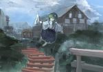  1girl clouds cloudy_sky flying frog_hair_ornament gohei green_hair hair_ornament ichiba_youichi kochiya_sanae long_sleeves shirt skirt sky snake_hair_ornament solo torii touhou town wide_sleeves 