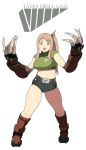  1girl accho_(macchonburike) boots breasts claws drill eyebrows fang gloves green_eyes highres large_breasts long_hair looking_at_viewer midriff original pink_hair ponytail short_shorts shorts simple_background solo thighs white_background 