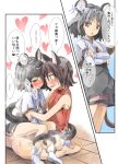  2girls animal_ears bare_legs blush boots brown_eyes brown_hair capelet cat cat_ears chen comic crossed_arms dress grey_dress grey_hair heart heavy_breathing mouse_ears mouse_tail multiple_girls navel nazrin red_eyes short_hair tail tail_wrap touhou translation_request yohane yuri 