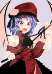  1girl :d absurdres alternate_costume armpits ascot bare_shoulders bat_wings blue_hair blush fang flower hat hat_flower high_collar highres looking_at_viewer military_hat open_mouth q_kikuchi red_eyes remilia_scarlet short_hair skirt smile solo touhou vest whip wings wrist_cuffs 