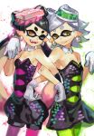 2girls ;d artist_request bare_shoulders black_hair breasts callie_(splatoon) cleavage cousins detached_collar dress earrings fangs food food_on_head gloves green_legwear jewelry long_hair marie_(splatoon) mask mole mole_under_eye multiple_girls object_on_head one_eye_closed open_mouth pantyhose pointy_ears purple_legwear short_hair siblings sisters smile splatoon strapless_dress tentacle_hair white_gloves yellow_eyes