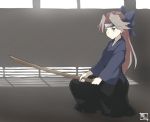  1girl brown_eyes brown_hair hair_intakes headband holding holding_sword holding_weapon japanese_clothes jintsuu_(kantai_collection) kantai_collection kendo long_hair shinai solo souji squatting sword weapon wooden_sword 