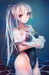  1girl collarbone covered_navel groin highres hime_cut long_hair looking_at_viewer one-piece_swimsuit original ponytail red_eyes see-through smile solo swimsuit t-shirt taishi_(picchiridou) tsuru-chan wet white_hair 