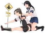  2girls ayanami_(kantai_collection) black_hair brown_eyes brown_hair ddal kantai_collection long_hair multiple_girls school_uniform serafuku side_ponytail signpost smile stretch ushio_(kantai_collection) 