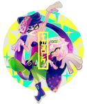 2girls ;d artist_request breasts callie_(splatoon) cleavage cousins detached_collar dress earrings fangs food food_on_head gloves green_legwear jewelry long_hair marie_(splatoon) mask mole mole_under_eye multiple_girls object_on_head one_eye_closed open_mouth pantyhose pointy_ears purple_hair purple_legwear short_hair siblings sisters smile splatoon tentacle_hair white_gloves white_hair yellow_eyes