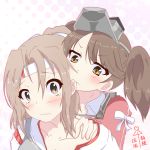  2girls absurdres biting blush bow breastplate brown_eyes brown_hair character_name ear_biting frown hand_on_shoulder headband highres japanese_clothes kantai_collection multiple_girls nibbling ponytail ryuujou_(kantai_collection) scared short_ponytail tears twintails visor_cap wavy_mouth yuri zuihou_(kantai_collection) 