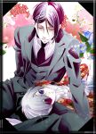  2boys ascot black_hair black_suit blue_eyes butler ciel_phantomhive closed_eyes eyepatch floral_background floral_print grey_hair kuroshitsuji lap_pillow light_smile looking_at_viewer male_focus multiple_boys naoyang02 necktie pale_skin parted_lips patterned_background sebastian_michaelis shorts sitting suit 