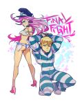  1boy 1girl arms_behind_head ass back-to-back blonde_hair blue_eyes blush breasts choker cody_travers cuffs earrings eyebrows eyeshadow facial_hair final_fight full_body handcuffs hat high_heels hoop_earrings jewelry lipstick long_hair makeup muscle no_bra nose oskar_vega peaked_cap pink_hair poison_(final_fight) prison_clothes shoes short_shorts shorts sneakers strap_slip street_fighter stubble thick_eyebrows under_boob 