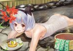  1girl alternate_eye_color ass back bare_shoulders bow brown_eyes bucket dango dish food hairband konpaku_youmu leaf lips looking_at_viewer lying maple_leaf naked_towel on_stomach partially_submerged short_hair shoutai_(7490773) silver_hair smile solo touhou towel wagashi water wet wet_hair 