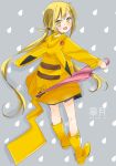  1girl alternate_costume artist_name blonde_hair boots character_name coat fang hair_ornament highres kantai_collection long_hair long_sleeves looking_at_viewer low_twintails open_mouth pikachu pokemon rain raincoat ribbon rubber_boots satsuki_(kantai_collection) skirt smile solo sou_kana twintails twitter_username umbrella yellow_boots yellow_eyes 