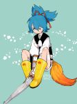  1boy bandages blue_hair boots green_eyes l_hakase male_focus sayo_samonji sitting solo touken_ranbu twitter_username umbrella 