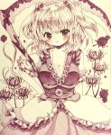  1girl absurdres arm_behind_back blush breasts cleavage flower hair_bobbles hair_ornament hand_on_hip head_tilt highres layered_dress looking_at_viewer marker_(medium) monochrome niko_(2ars) onozuka_komachi scythe sepia_background short_hair smile solo spider_lily touhou traditional_media twintails 