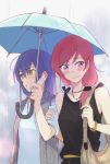  2girls arm_grab bag black_hair blush bracelet casual eris.y_(7hai) handbag jewelry long_hair love_live!_school_idol_project multiple_girls nishikino_maki ponytail pout rain redhead shared_umbrella sonoda_umi umbrella violet_eyes yellow_eyes 