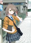  1girl bag book brown_hair cellphone fuyuno_haruaki glasses green_eyes highres iphone necktie original pantyhose phone plaid plaid_skirt school_uniform short_hair skirt sleeves_pushed_up smartphone solo upscaled 