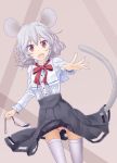  1girl animal_ears capelet gem grey_eyes highres ikamagu jewelry long_sleeves looking_at_viewer mouse_ears mouse_tail nazrin necklace_removed open_mouth outstretched_arm panties pantyshot pantyshot_(standing) pendant pink_panties red_eyes shirt silver_hair skirt smile solo standing tail thigh-highs touhou underwear white_legwear 
