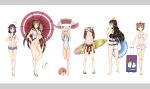  6+girls absurdres alternate_costume ball beachball bikini clothes_around_waist denim denim_shorts double_bun failure_penguin hair_bun hat highleg highleg_swimsuit highres i-58_(kantai_collection) innertube jacket jacket_around_waist kantai_collection long_hair luggage miss_cloud multiple_girls nagato_(kantai_collection) naka_(kantai_collection) one-piece_swimsuit ponytail reon-shi ro-500_(kantai_collection) rubber_duck ryuujou_(kantai_collection) sandals short_hair shorts surfboard swimsuit taigei_(kantai_collection) twintails umbrella yamato_(kantai_collection) 