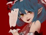  1girl :p blue_hair dress frills gloves hat looking_at_viewer meiji_(charisma_serve) pointy_ears red_background remilia_scarlet ribbon sleeveless sleeveless_dress solo tongue tongue_out touhou yellow_eyes 