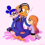  bangs blue_hair blunt_bangs crossover formal headphones inkling necktie octodad octodad_(character) orange_hair otherbuttons shoes sneakers splatoon suit tentacle_hair tentacles 