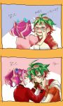  &gt;_&lt; 1boy 1girl blush bracelet child chorogy flower gloves goggles goggles_on_head green_hair hair_flower hair_ornament hands_on_another&#039;s_face highres hiiragi_yuzu hoodie jewelry multicolored_hair pendant pink_hair redhead sakaki_yuuya short_twintails single_glove smile tears translated twintails two-tone_hair younger yuu-gi-ou yuu-gi-ou_arc-v 