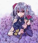  1girl detached_sleeves flower grey_hair grey_nails idolmaster idolmaster_cinderella_girls kanzaki_ranko looking_at_viewer nail_polish red_eyes rod rose smile solo takanashi_ringo twintails 