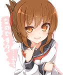  1girl :d brown_eyes brown_hair crossed_arms finger_to_chin folded_ponytail inazuma_(kantai_collection) kantai_collection long_sleeves looking_at_viewer neckerchief open_mouth rateratte sailor_collar school_uniform serafuku smile upper_body 