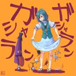  1girl blue_eyes blue_hair full_body geta heterochromia karakasa_obake kitano_(kitanosnowwhite) looking_down open_mouth orange_background puffy_sleeves red_eyes shirt short_hair short_sleeves simple_background skirt skirt_lift solo tatara_kogasa text tongue tongue_out touhou tsukumogami umbrella vest 