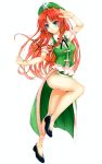  1girl bare_legs blue_eyes braid chinese_clothes fighting_stance hat highres hong_meiling kitou_kaitai long_hair puffy_short_sleeves puffy_sleeves redhead shirt short_sleeves side_slit skirt skirt_set solo standing_on_one_leg star touhou twin_braids upskirt very_long_hair vest 
