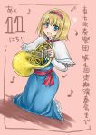 1girl alice_margatroid blonde_hair blue_eyes capelet hairband horn_(instrument) monrooru musical_note open_mouth pink_background sash solo touhou 
