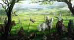  1girl absurdres armor arrow bow_(weapon) castle fantasy gauntlets highres horse long_hair makkou_4 meadow multiple_people original pointing polearm scenery spear tree weapon white_hair white_horse 