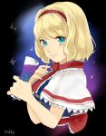  1girl 80yakky alice_margatroid artist_name blonde_hair blue_eyes capelet cocktail_glass fingernails gradient gradient_background hairband hand_on_own_chest highres light_smile lolita_hairband looking_at_viewer ribbon sash short_hair solo sparkle touhou upper_body 