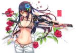  1girl bikini bikini_under_clothes black_hair blue_eyes bracelet breasts cleavage cowboy_shot cyborg floral_background flower hair_flower hair_ornament hibiscus jewelry katana leopard_print long_hair mechanical_arm nail_polish navel open_fly original pants pearl scabbard sheath smile solo sunglasses swimsuit swimsuit_under_clothes sword t-track_(artist) under_boob unsheathing unzipped weapon 