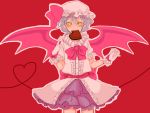  bat_wings eating frills gloves hat heart highres looking_at_viewer meiji_(charisma_serve) pointing pointy_ears remilia_scarlet ribbon short_sleeves solo touhou valentine wings yellow_eyes 