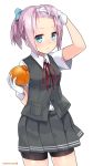  1girl 2015 :o bike_shorts blue_eyes blush dated food fruit gloves hand_in_hair highres holding holding_fruit kantai_collection kuro_chairo_no_neko open_mouth orange paw_print pink_hair pleated_skirt red_ribbon ribbon shiranui_(kantai_collection) short_hair short_ponytail simple_background skirt solo twitter_username vest white_background white_gloves 
