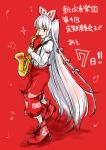  1girl bow fujiwara_no_mokou hair_bow instrument long_hair monrooru musical_note ofuda playing_instrument red_background saxophone solo suspenders touhou very_long_hair white_hair 