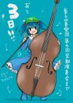 1girl blue_background blue_eyes blue_hair double_bass hair_bobbles hair_ornament hat instrument monrooru musical_note open_mouth solo touhou twintails v 
