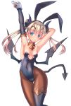  1girl animal_ears armpits arms_up bat_wings blonde_hair blue_eyes bunnysuit demon_girl demon_tail gloves horns long_hair original pantyhose rabbit_ears single_thighhigh tail thigh-highs twintails wings wrist_cuffs yukimura_tsubame 