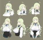  1girl :o accho_(macchonburike) ahoge blonde_hair breasts brown_background closed_eyes expressions large_breasts long_hair looking_at_viewer original pixiv_fantasia pixiv_fantasia_t simple_background smile solo translation_request 