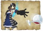  1girl alcohol black_hair bloodstained:_ritual_of_the_night blue_eyes brown_hair concept_art cup detached_sleeves gauntlets gradient_hair hair_between_eyes hair_ornament miriam_(bloodstained) multicolored_hair natsume_yuji official_art short_hair solo stained_glass throwing wine wine_glass 