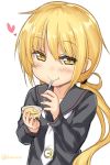  1girl binsen black_serafuku blonde_hair eating heart kantai_collection long_sleeves low_twintails neckerchief pudding sailor_collar satsuki_(kantai_collection) school_uniform serafuku simple_background solo spoon_in_mouth twintails twitter_username white_background yellow_eyes 
