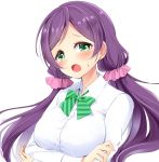  1girl blush breasts green_eyes highres long_hair love_live!_school_idol_project natsu_(natume0504) open_mouth purple_hair simple_background solo toujou_nozomi twintails upper_body 