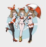  bikini breasts bunnysuit cleavage duplicate haruka_(pokemon) haruka_(pokemon)_(remake) high_heels kuroi_paseri looking_at_viewer looking_back navel open_mouth pantyhose pokemon pokemon_(game) pokemon_oras racequeen side-tie_bikini smile swimsuit thigh-highs thigh_gap umbrella wrist_cuffs 