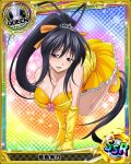  1girl all_fours antenna_hair bare_shoulders black_hair blush breasts card_(medium) character_name cleavage flower gloves hanging_breasts high_heels high_school_dxd himejima_akeno long_hair no_socks official_art parted_lips queen_(chess) shiny shiny_skin solo trading_cards very_long_hair yellow_gloves 