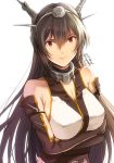  1girl bare_shoulders black_gloves black_hair breasts crossed_arms dated elbow_gloves fingerless_gloves gloves headgear kantai_collection large_breasts lips long_hair nagato_(kantai_collection) red_eyes simple_background smile solo tomozo_kaoru twitter_username upper_body white_background 