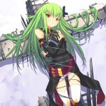  1girl barbed_wire c.c. code_geass cross detached_sleeves green_hair highres long_hair solo thigh-highs tied_up uni upscaled yellow_eyes 